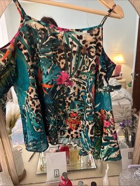 Tropical Leopard Print Cold-Shoulder Top - Teal Floral